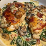 smothered chicken with creamed spinach bacon and mushrooms