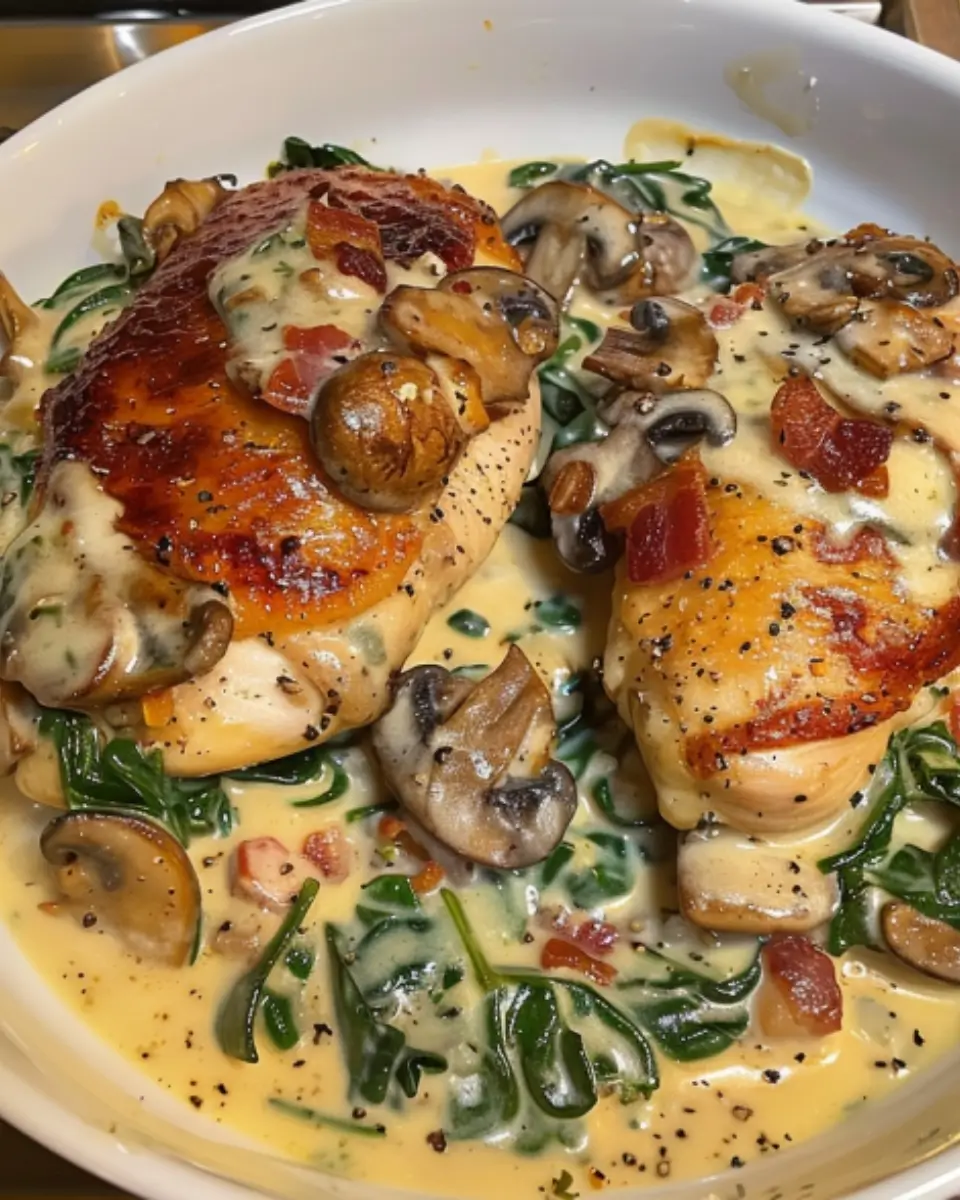 smothered chicken with creamed spinach bacon and mushrooms