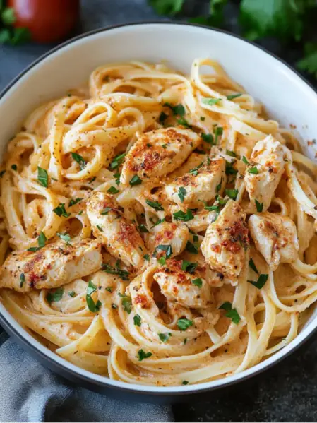 Creamy Cajun chicken pasta served in a white bowl with parsley garnish and penne pasta.