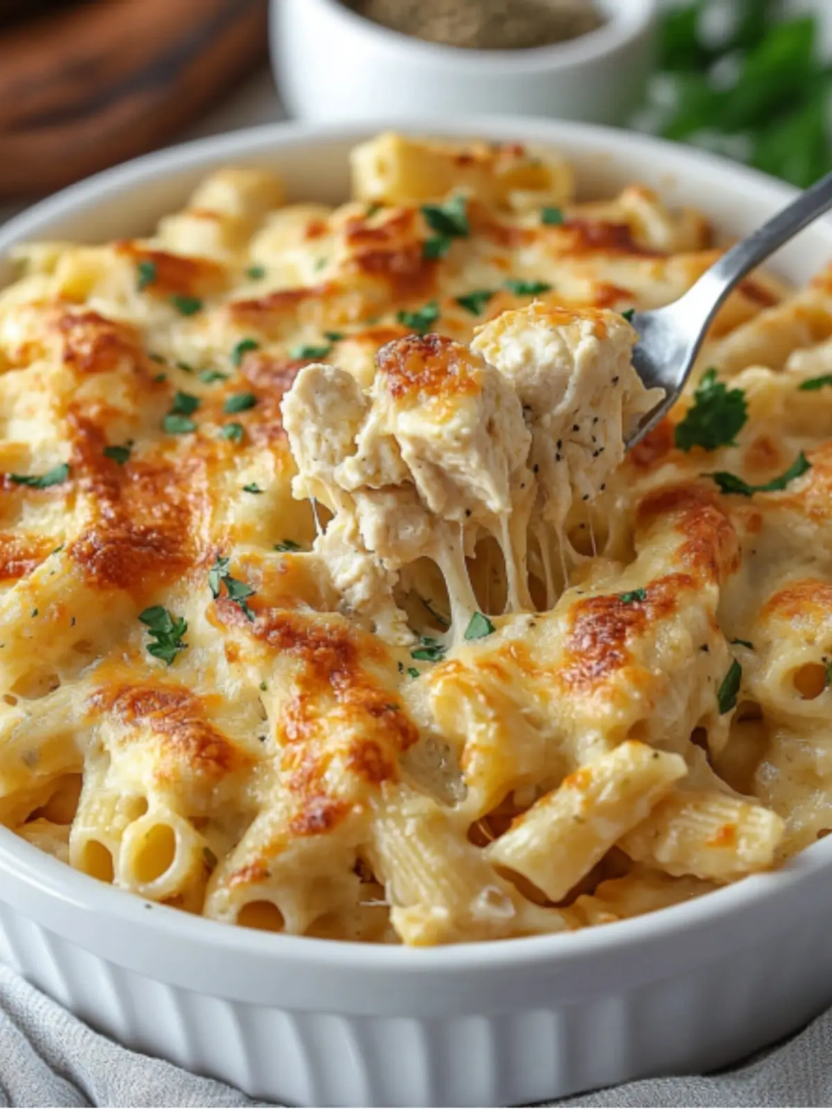 ndulge in the ultimate comfort dish with this Garlic Parmesan Chicken Pasta Bake. Featuring tender pasta, succulent chicken, and a creamy garlic Parmesan sauce, all baked to golden perfection under a blanket of melted cheese. It's a family favorite that's easy to prepare and perfect for any occasion.