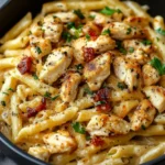 A creamy Marry Me Chicken Pasta served in a white bowl, garnished with fresh basil and parmesan cheese.