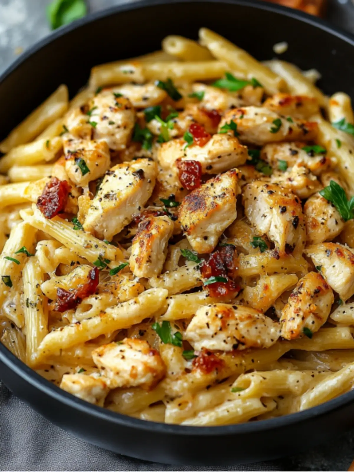 A creamy Marry Me Chicken Pasta served in a white bowl, garnished with fresh basil and parmesan cheese.