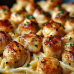 A plate of garlic butter chicken bites served with creamy Parmesan pasta, garnished with fresh parsley and grated Parmesan, set on a rustic wooden table.