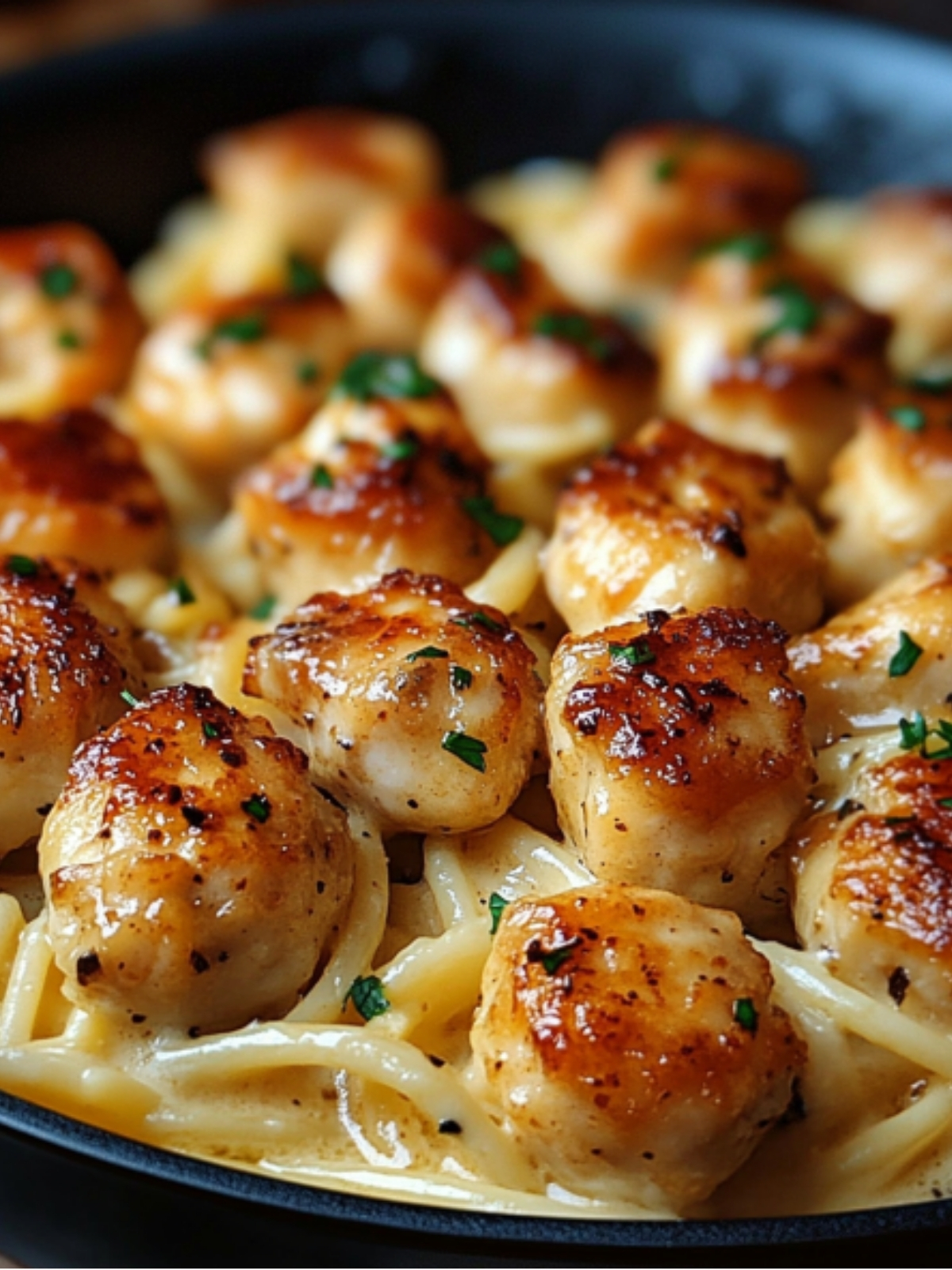 A plate of garlic butter chicken bites served with creamy Parmesan pasta, garnished with fresh parsley and grated Parmesan, set on a rustic wooden table.