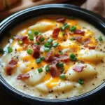 This image showcases a steaming bowl of Crock Pot Crack Potato Soup, rich with creamy potatoes, melted cheddar cheese, and savory bacon. The rustic presentation with crusty bread highlights its appeal as the ultimate comfort food, ideal for any occasion.