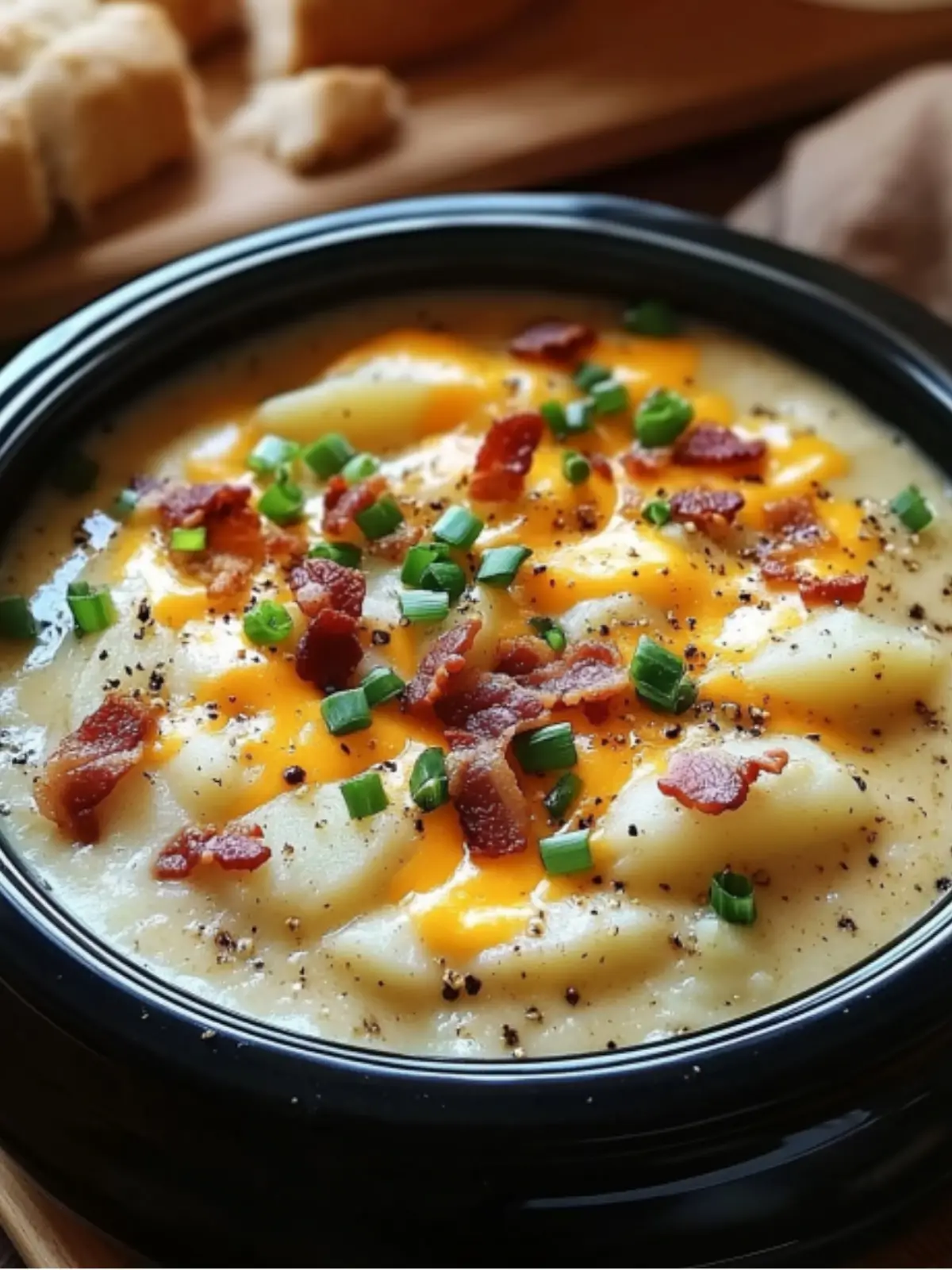 This image showcases a steaming bowl of Crock Pot Crack Potato Soup, rich with creamy potatoes, melted cheddar cheese, and savory bacon. The rustic presentation with crusty bread highlights its appeal as the ultimate comfort food, ideal for any occasion.