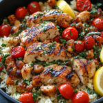 One Pan Greek Lemon Chicken and Rice served in a cast iron skillet with fresh parsley and lemon slices for garnish.