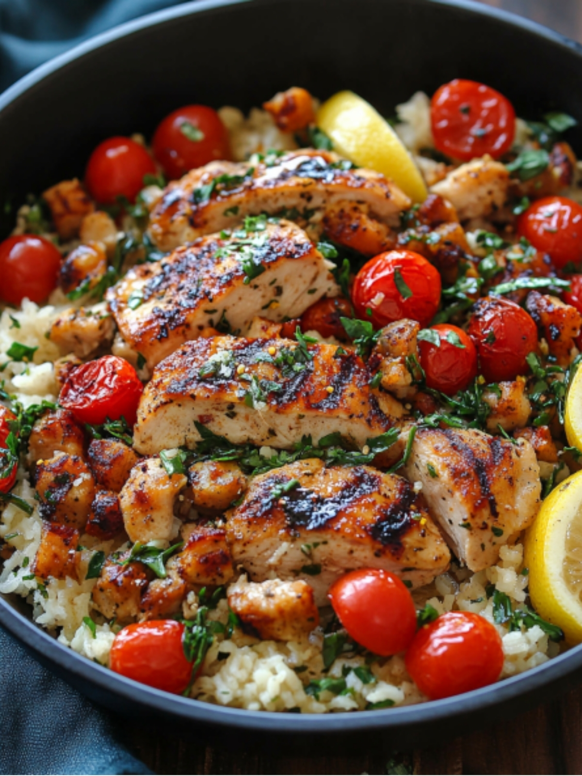 One Pan Greek Lemon Chicken and Rice served in a cast iron skillet with fresh parsley and lemon slices for garnish.